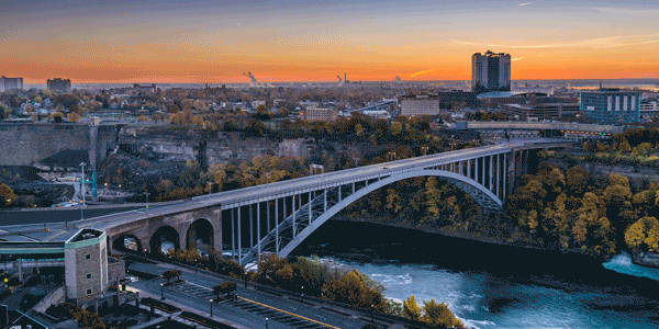 Bridge between Detroit and Windsor at dusk