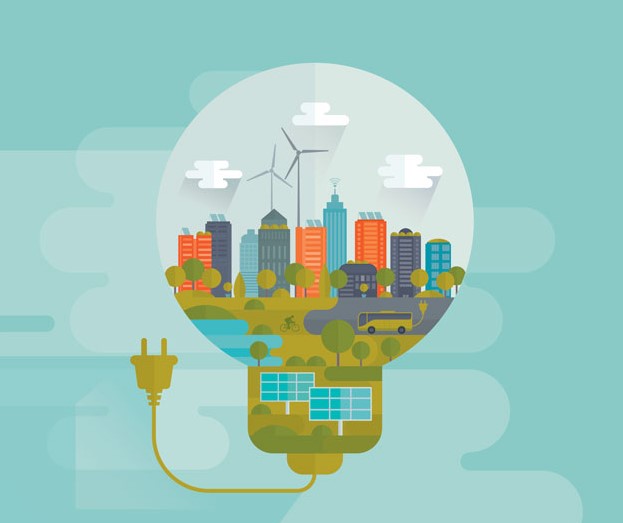 Graphic of lightbulb with city