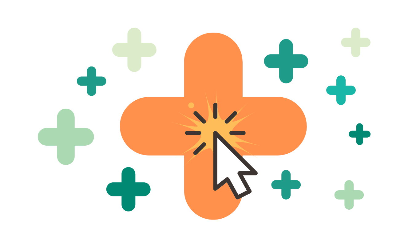 orange plus sign, mouse cursor overtop. smaller light and dark green plus signs surrounding it.