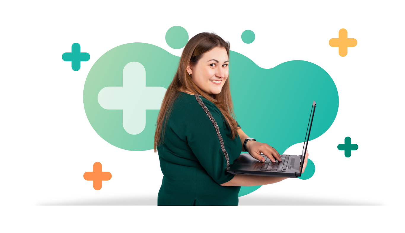 Woman typing on laptop. Green background. Plus signs surrounding woman.