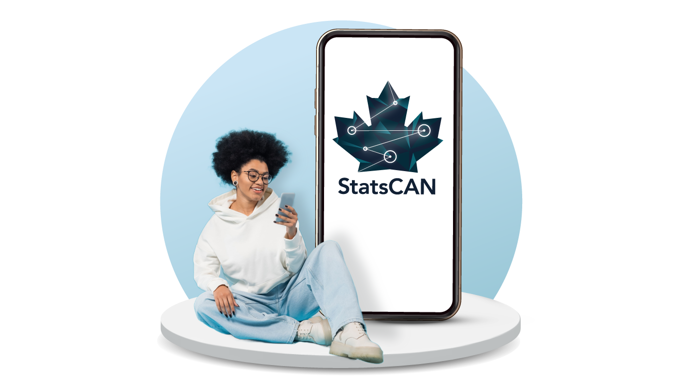 Woman sitting. Big phone icon with blue maple leaf screen to woman's right.