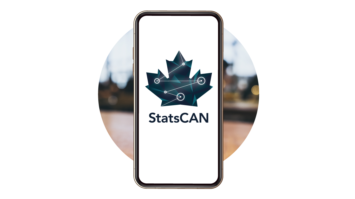 phone with blue maple leaf in center, then statement "StatsCAN" underneath.